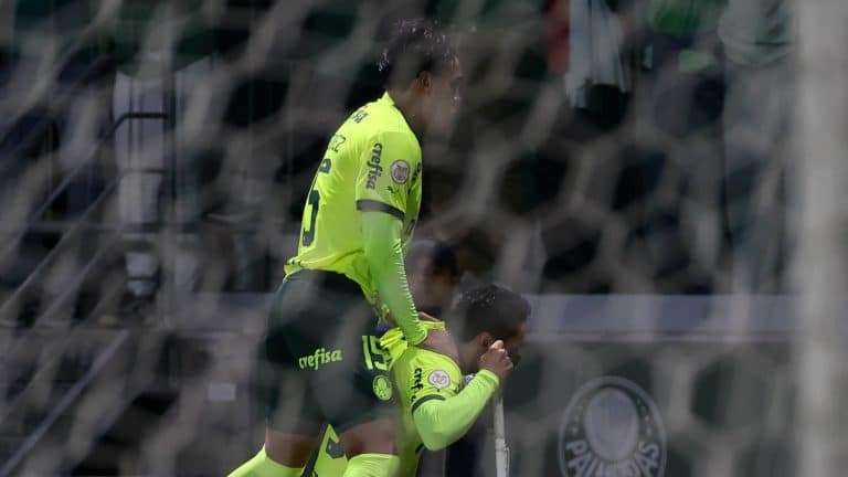 Atletas do Palmeiras comemorando o gol de Veiga.